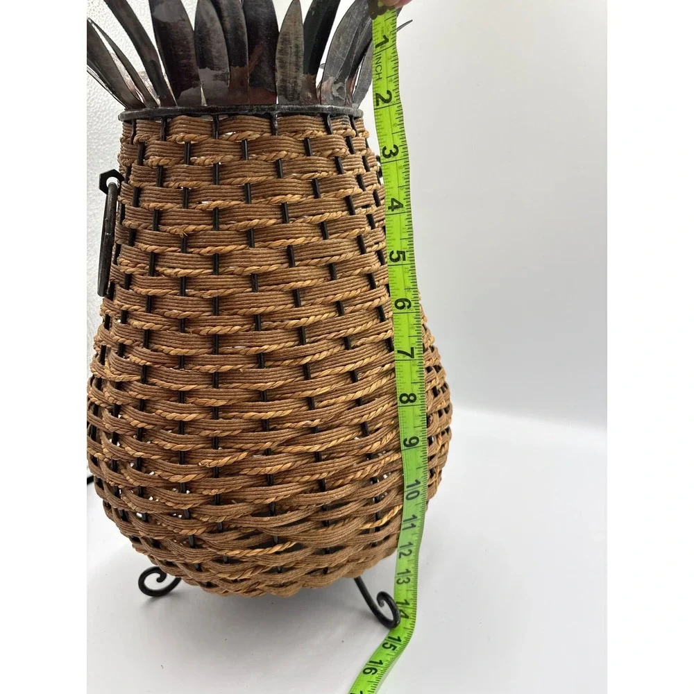 VTG Pineapple Decorative Basket Vase Brown Rustic Boho Woven Metal 15in